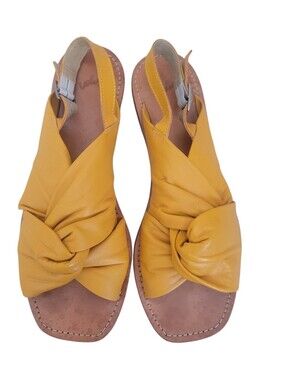 Velez Artisan Leather Knot Sandals Mustard Yellow Slingback Flat 38 Boho Resort